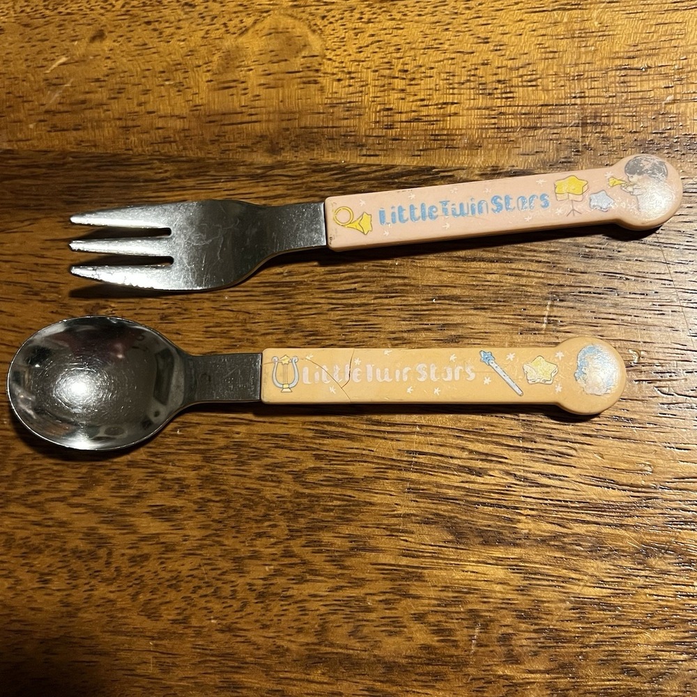 VTG 1976 Sanrio Little Twin Stars Fork Spoon Set Flatware Kiki Lala Japan READ